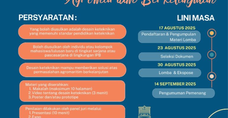 Departemen TIN bekerjasama dengan Program Profesi Insinyur dan Agroindustrial Innovation Hub, menyelenggarakan Expo dan Kompetisi Desain Keteknikan 2025 "Agromaritum Berkelanjutan". Yuk, belajar tentang Desain Keteknikan dan ragam desain solusi untuk permasalahan agromaritim dari para mahasiswa IPB. Ada juga sesi sharing dan meet-up dengan berbagai pemanggu kepentingan di Agromaritim.