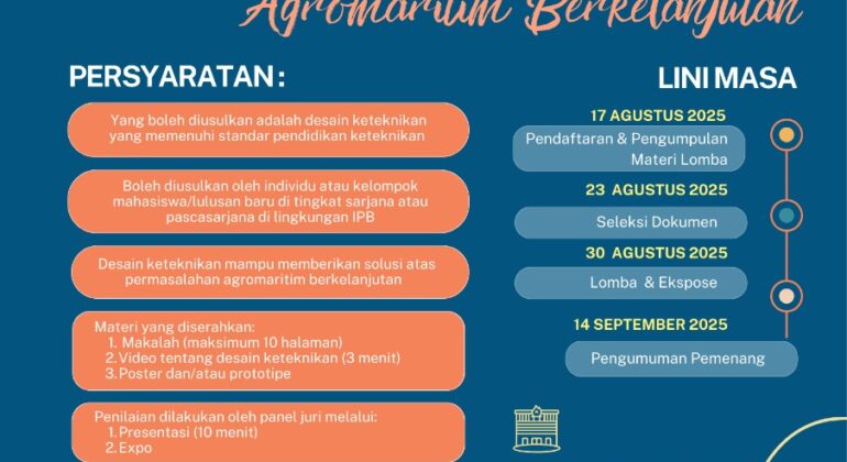 Departemen TIN bekerjasama dengan Program Profesi Insinyur dan Agroindustrial Innovation Hub, menyelenggarakan Expo dan Kompetisi Desain Keteknikan 2025 "Agromaritum Berkelanjutan". Yuk, belajar tentang Desain Keteknikan dan ragam desain solusi untuk permasalahan agromaritim dari para mahasiswa IPB. Ada juga sesi sharing dan meet-up dengan berbagai pemanggu kepentingan di Agromaritim.